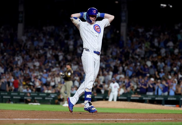 Chicago Cubs center fielder Pete Crow-Armstrong celebrates as he rounds the bases after hitting a solo home run in the sixth inning of a game against the San Diego Padres at Wrigley Field in Chicago on June 30, 2026. (Chris Sweda/Chicago Tribune)