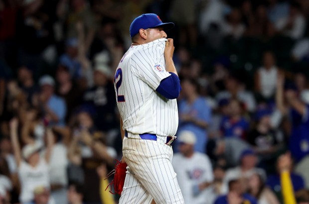 Chicago Cubs relief pitcher Javier Assad reacts after giving up a solo home run to San Diego Padres second baseman Fernando Tatis Jr. in the eighth inning of a game at Wrigley Field in Chicago on June 30, 2026. (Chris Sweda/Chicago Tribune)
