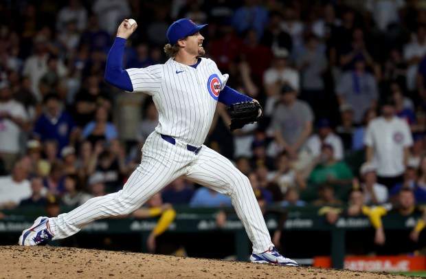 Chicago Cubs relief pitcher Tyler Ferguson (64) delivers to the San Diego Padres in the eighth inning of a game at Wrigley Field in Chicago on June 30, 2026. (Chris Sweda/Chicago Tribune)