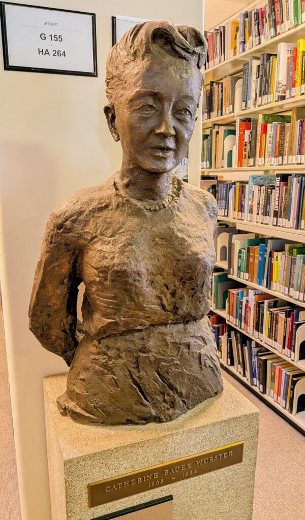 Bronze bust of American architect and writer Catherine Bauer Wurster in the University of California Berkeley Library of Environmental Design