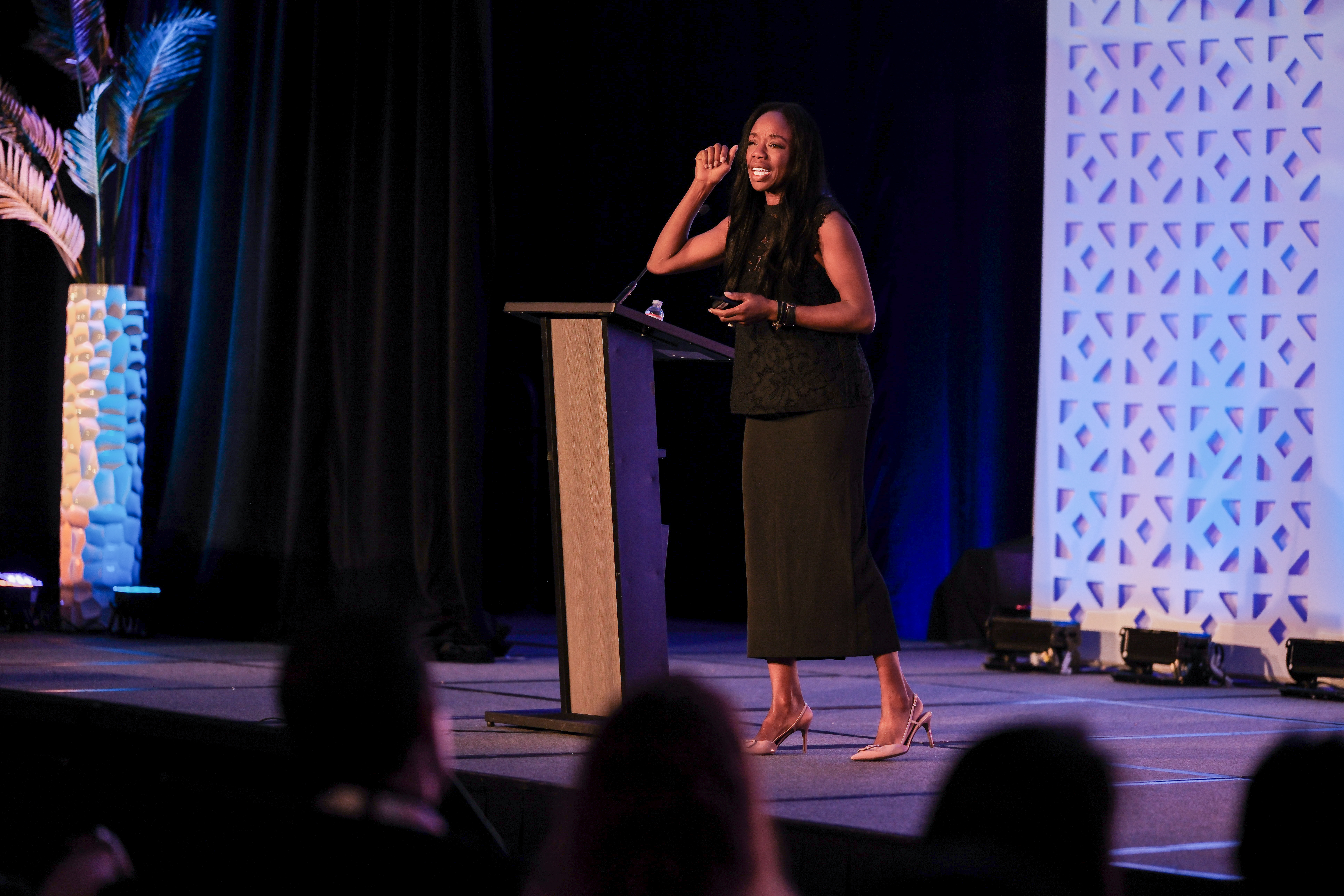 Dr. Nadine Burke Harris, California's first surgeon general, delivers the keynote address during the California Multi-Tiered System of Supports Professional Learning Institute on July 14 in Anaheim. Burke Harris spoke about the role of nurturing relationships and coordinated systems in supporting children's health, resilience and learning.
