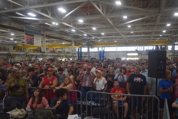 Over a thousand people filled Building 104 at the GM complex to hear the president speak.Photo by Matt Fahr