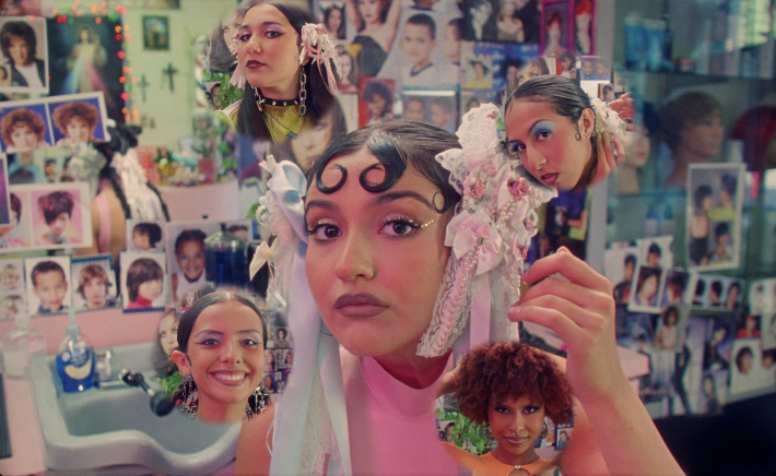 a girl with ribbons in her hair surrounded by images of other girls with their hair done