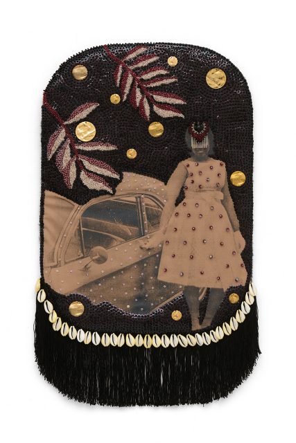 A mixed-media artwork shows a woman in a beaded dress beside a vintage car, with gold discs, leaves, cowrie shells, and black fringe on a dark, textured background.
