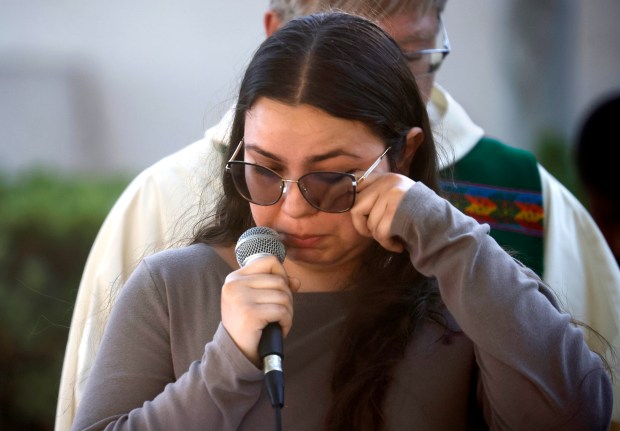 Daisy, from Gilroy, becomes emotional while talking about her family during a vigil called "Families in Homes Not Detention Facilities" outside of Gilroy City Hall in Gilroy, Calif., on Monday, July 27, 2026. (Nhat V. Meyer/Bay Area News Group)
