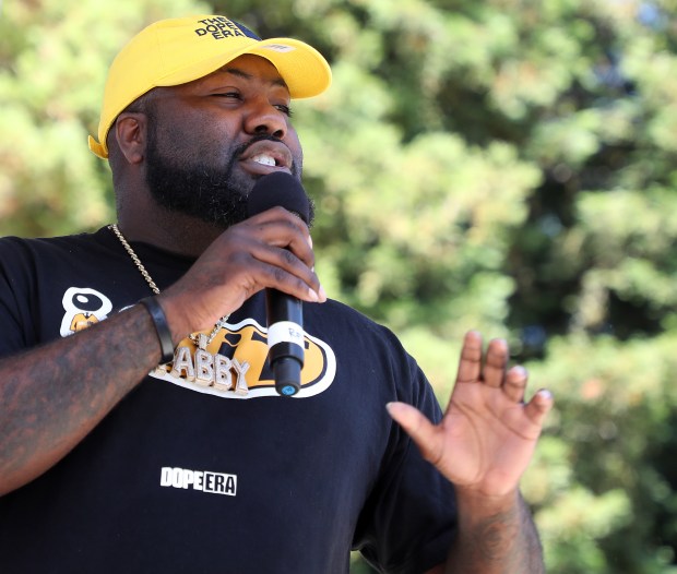 OAKLAND, CA - JULY 18: Performer Mistah F.A.B. speaks during the launch party for the Eat. Learn. Play. Foundation on Thursday, July 18, 2019, in Oakland, Calif.  Stephen Curry and his wife Ayesha Curry founded the organization to help provide healthy food, education, and physical activity to underprivileged children in the Bay Area.  (Aric Crabb/Bay Area News Group)