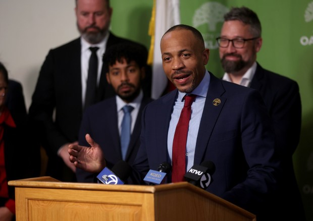City Administrator Jestin Johnson announces the sale of a key infrastructure bond during a press conference at City Hall in Oakland, Calif., on Tuesday, Dec. 9, 2025. (Jane Tyska/Bay Area News Group)