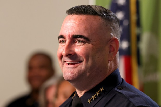 New Oakland Police Chief James Beere pauses during his official announcement by Mayor Barbara Lee at Oakland City Hall in Oakland, Calif., Thursday, July 9, 2026. (Ray Chavez/Bay Area News Group)