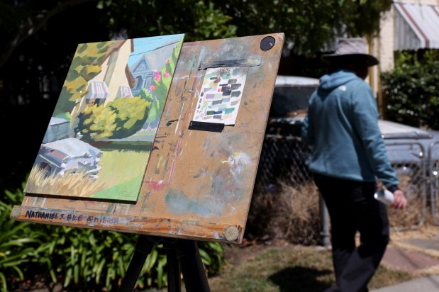 Artist Nathaniel Bice, of Alameda finished a painting during the Frank Bette Center for the Arts Plein Air Paint Out near Encinal Avenue in Alameda, Calif., on Wednesday, July 29, 2026. (Jane Tyska/Bay Area News Group)