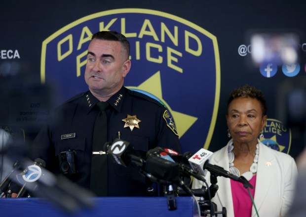Oakland police Chief James Beere speaks during a press conference at police headquarters in downtown Oakland, Calif., on Monday, May 18, 2026. To the right is Mayor Barbara Lee. (Jane Tyska/Bay Area News Group)