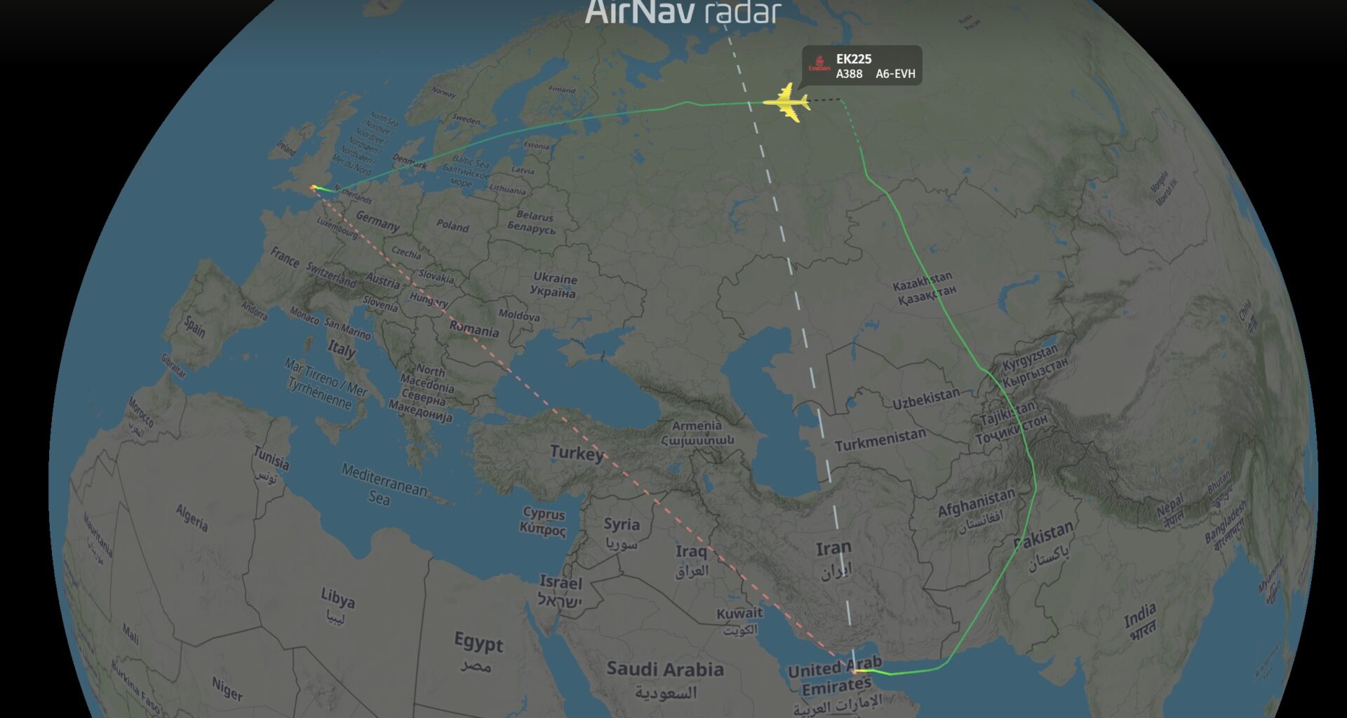 Emirates A380 to San Francisco over Northern Russia performed a 5-hour diversion to London