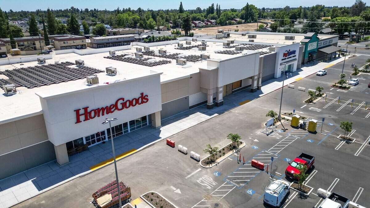 The Fancher Creek shopping center is shown in its current state on Monday, July 20, 2026 at East Tulare Avenue and South Clovis Avenue. Home Goods, PetSmart, and Sprouts are located on the south end of the center.