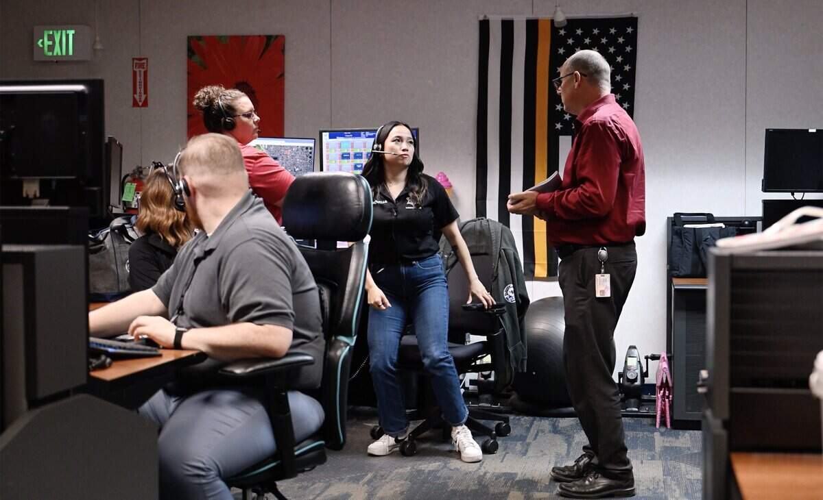 Staff are seen at the Fresno Piolice Department's 911 Communications Center Friday, June 26, 2026 in Fresno. Data shows the dispatch center is increasing its success in answering 911 calls within 15 seconds.