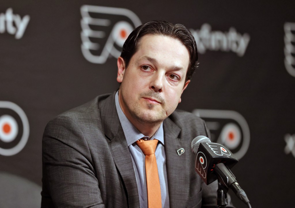 General Manager Daniel Briere of the Philadelphia Flyers addresses the media regarding the firing of Head Coach John Tortorella prior to an NHL game against the Montreal Canadiens at the Wells Fargo Center on March 27, 2025 in Philadelphia, Pennsylvania.