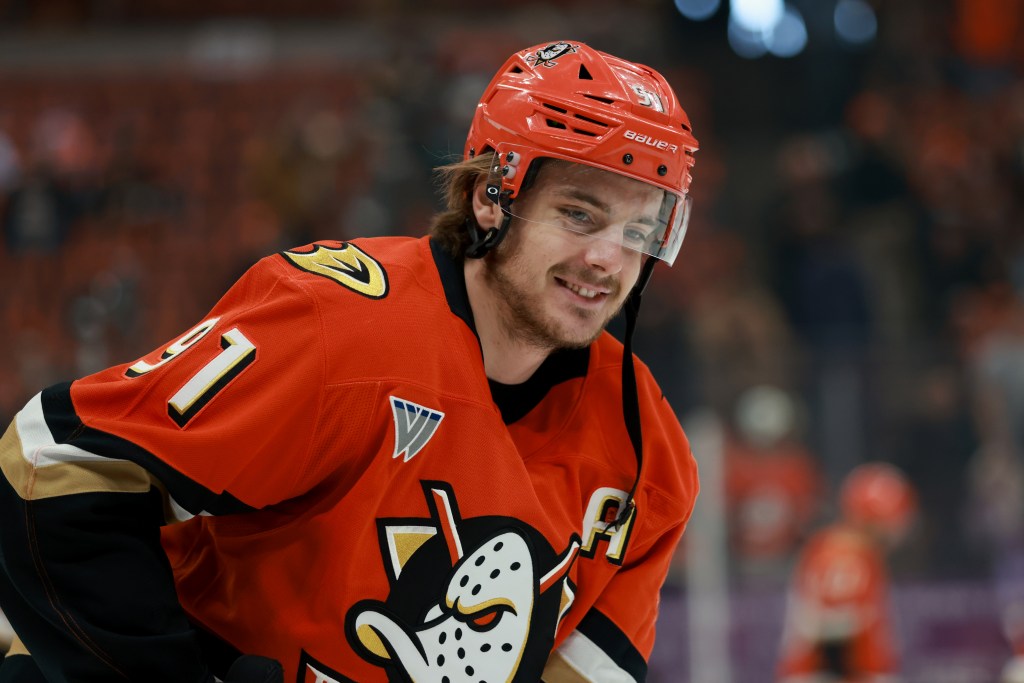 Leo Carlsson #91 of the Anaheim Ducks smiles during warmups before Game Three of the Second Round of the 2026 Stanley Cup Playoffs against the Vegas Golden Knights at Honda Center on May 08, 2026 in Anaheim, California.