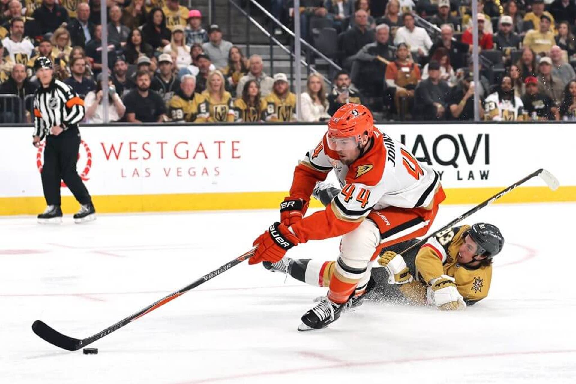 Ross Johnston carries the puck in to the Golden Knights zone for the Ducks during a playoff game in May.