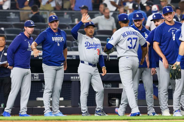 NEW YORK, NEW YORK - JULY 17: Manager Dave Roberts #30 of the Los Angeles Dodgers celebrates after his team's 2-1 win against the New York Yankees at Yankee Stadium on July 17, 2026 in New York City. (Photo by Caleb Bowlin/Getty Images)