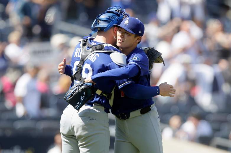 NEW YORK, NEW YORK - JULY 19: Yoshinobu Yamamoto #18 and Dalton Rushing #68 of the Los Angeles Dodgers celebrate after defeating the New York Yankees in game one of a double header at Yankee Stadium on July 19, 2026 in New York City. (Photo by Jim McIsaac/Getty Images)