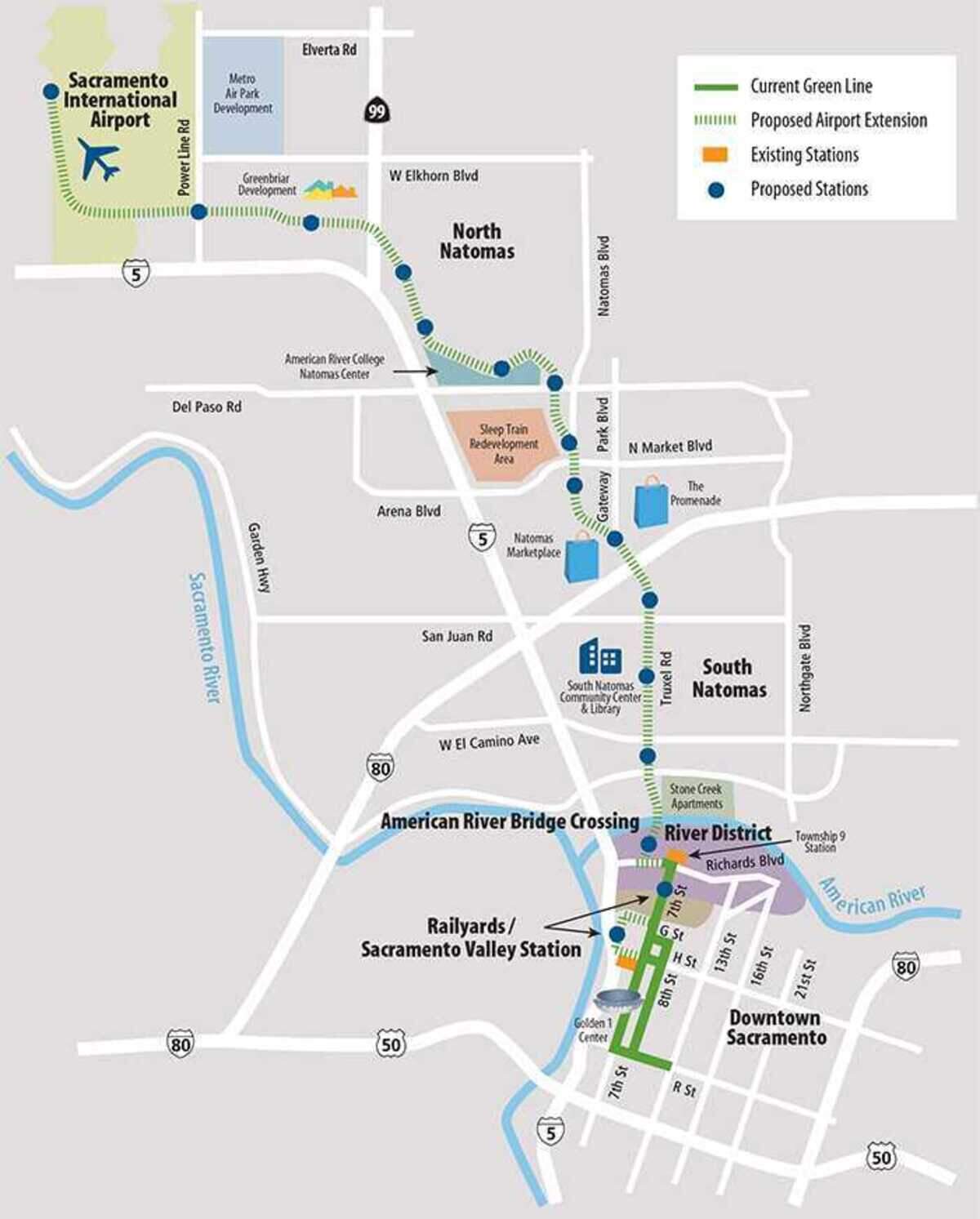 Sacramento Regional Transit is set to take its next step to establishing a transit line through Natomas to the Sacramento International Airport. The Green Line map identifies the general route the agency selected for an eventual light rail line. However, RT is pursuing a short-term solution of a bus rapid transit line along generally the same route.
