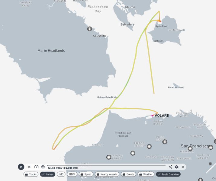 Reader, Greg Braswell sent us the track of the trawler Volare before she sank about 600 yards west of Alcatraz.
