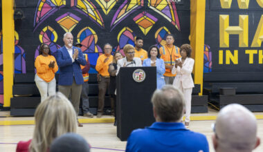 Mayor Bass is joined by Congresswoman Maxine Waters, leaders from HACLA and LADWP, and residents at Nickerson Gardens gymnasium, underscoring the City's commitment to climate resilience and environmental justice.