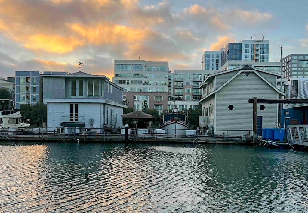 Houseboats on Mission Creek at sunset.