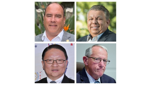 Clockwise, from top left, San Bernardino County Supervisor Curt Hagman, civil litigation attorney Frank Lizarraga, Ontario City Councilperson Alan Wapner and James Su, the founder and president of EDI Media Inc. The FBI served warrants Tuesday, July 28 at businesses or homes owned by Hagman, Lizarraga, Su, and Wapner. (Photos by SCNG and Sipa via AP)