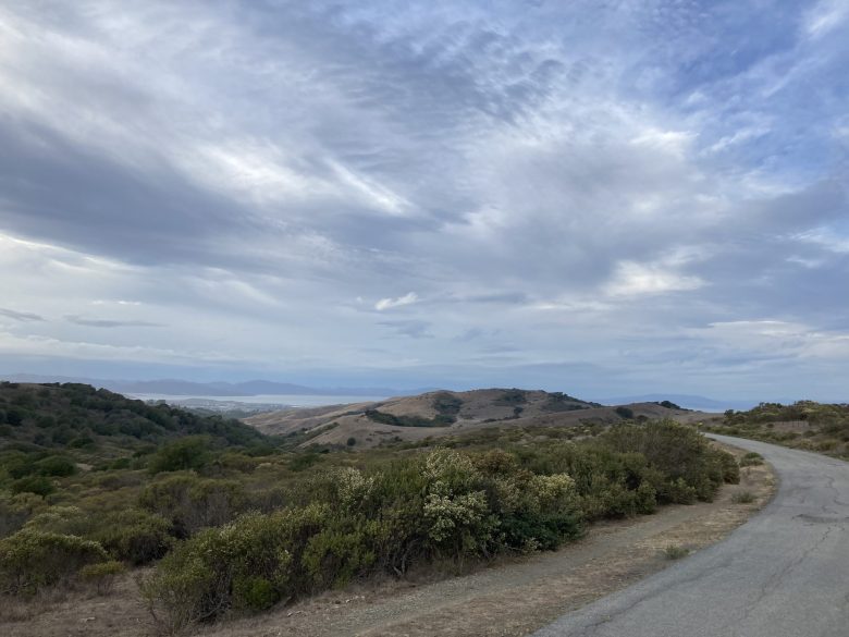 A paved trail winds around green shrubbery as the rolling hills and blue sky with clouds stretches out in every direction