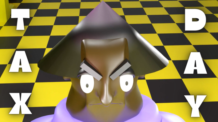 a 3d characters with the words "tax day" next to him