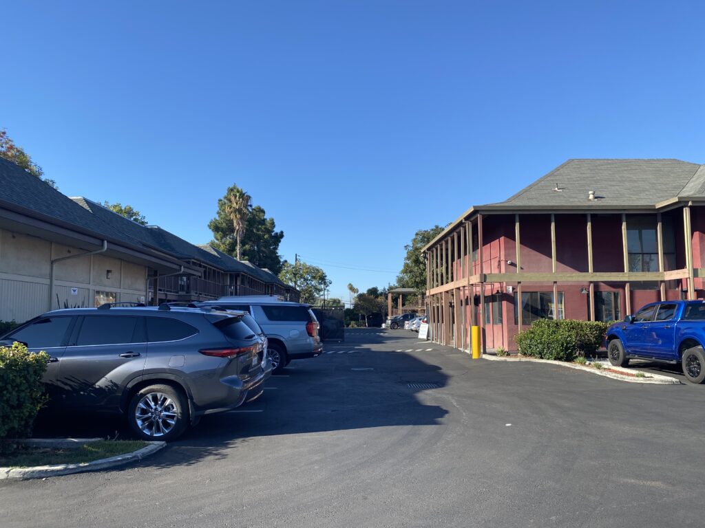 The parking lot of a motel used to house formerly homeless people in San Jose, California