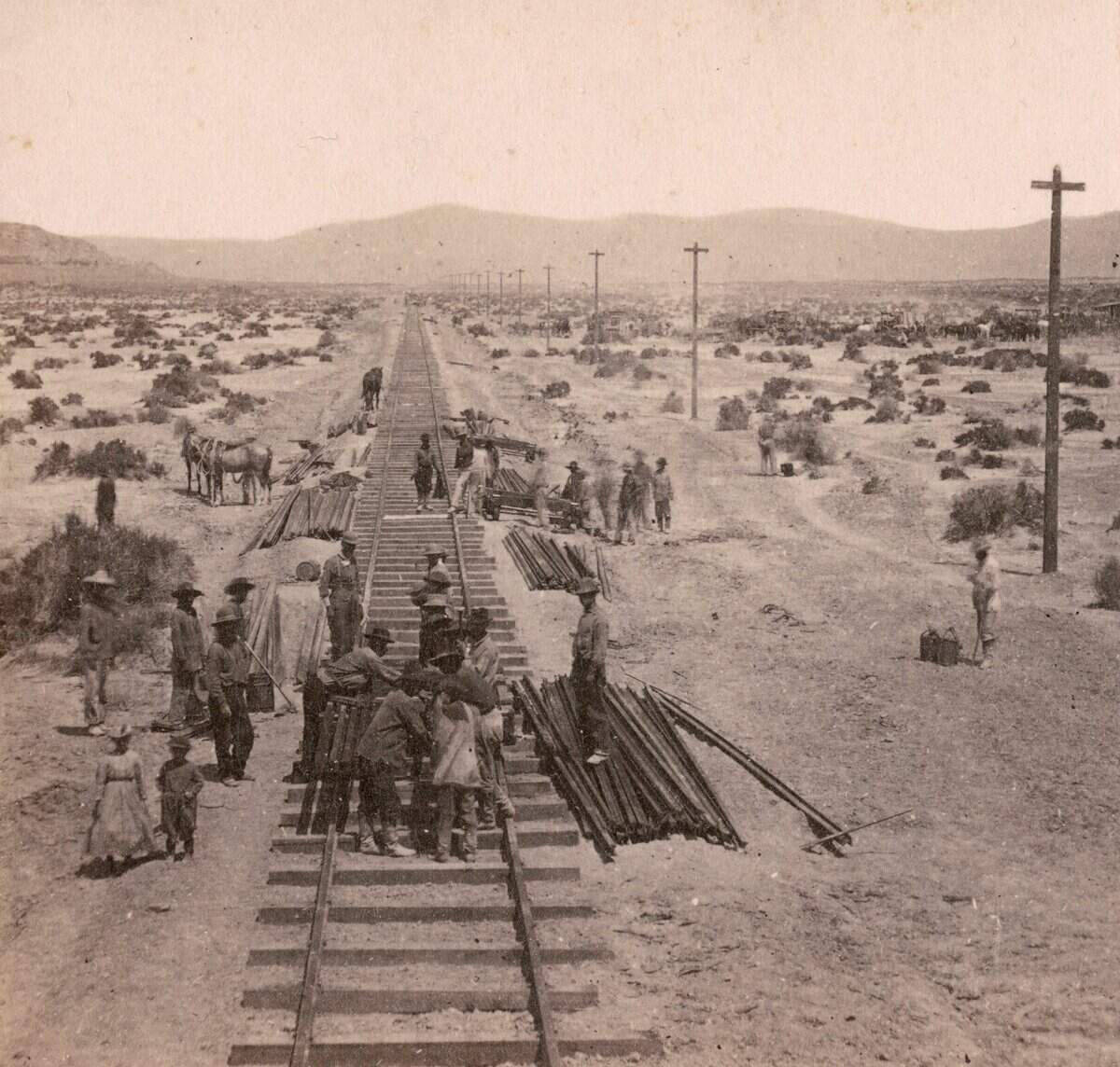 Alfred A. Hart, the Central Pacific Railroad's official photographer, recorded the progress of the railway from Sacramento, over the Sierra Nevada range, across Nevada to Promontory, Utah. The photos were taken between 1864-1869.End of Track, near Humboldt Lake.
