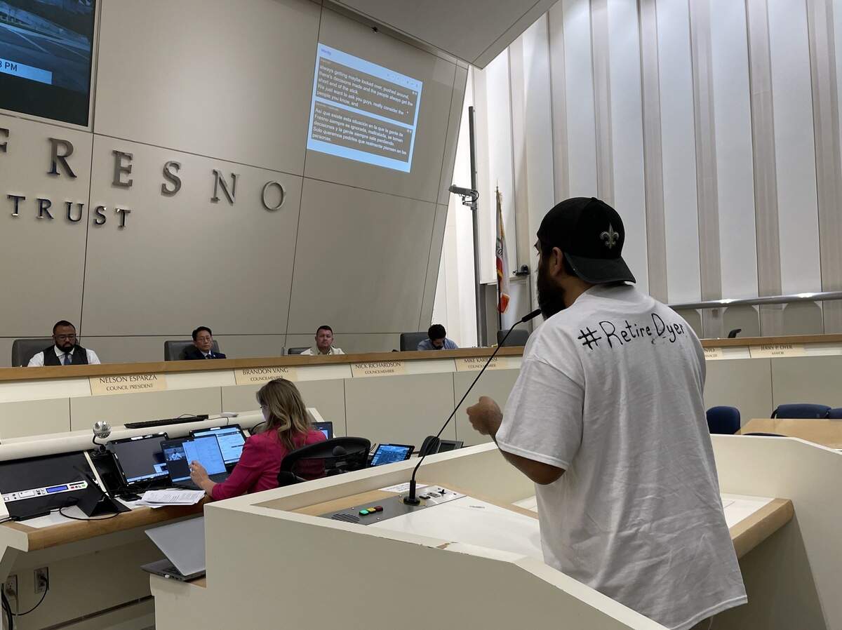 Fresno resident Joseph Rodriguez speaks in opposition to a proposal that would have allowed councilmembers and the mayor to serve three consecutive terms at Fresno City Hall on Thursday, July 30, 2026.