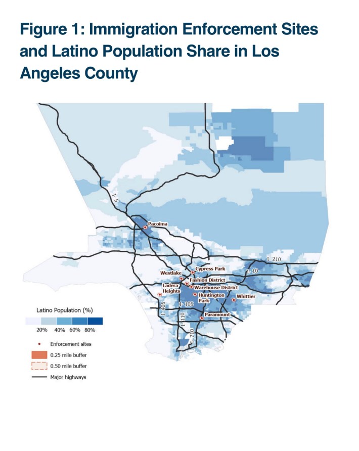 A map showing immigration enforcement sites and Latino population sizes in Los Angeles County.