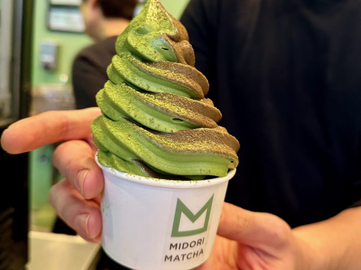 A swirl of matcha and hojicha soft serve at Midori Matcha Cafe.