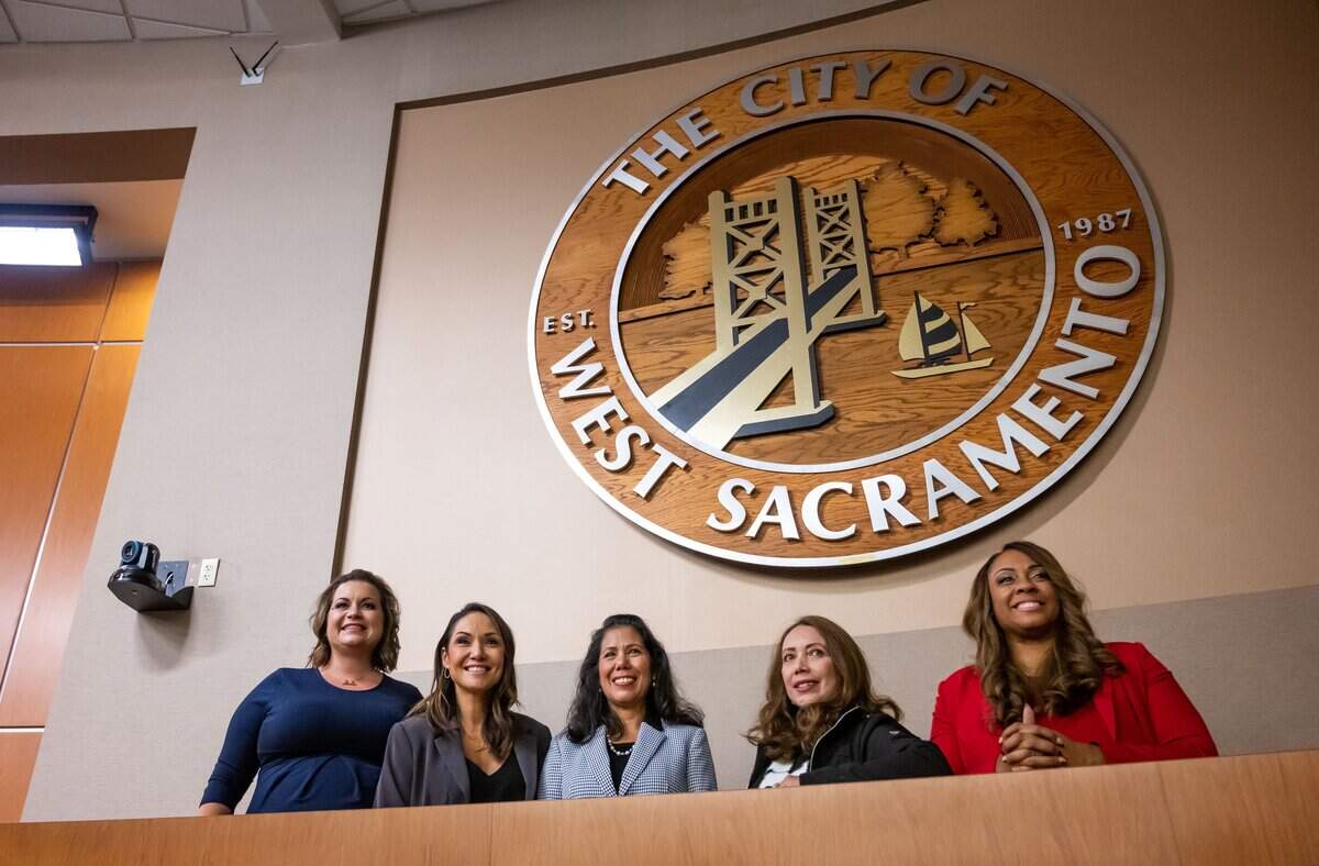 Members of the West Sacramento City Council are sworn in Dec. 7, 2022. From left are Verna Sulpizio Hull, Quirina Orozco, Mayor Martha Guerrero, Norma Alcala and Dawnté Early. The council became the Sacramento region’s first all-female City Council.