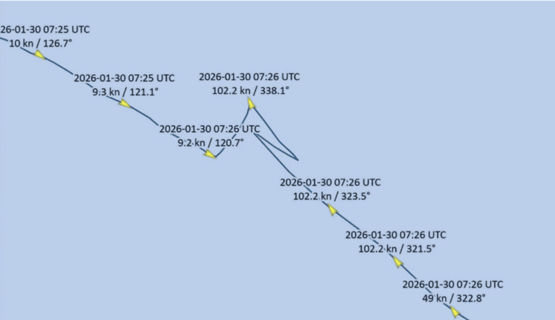 AIS track of a container ship with sudden position jumps and impossible speeds exceeding 100 knots caused by GPS/GNSS interference.