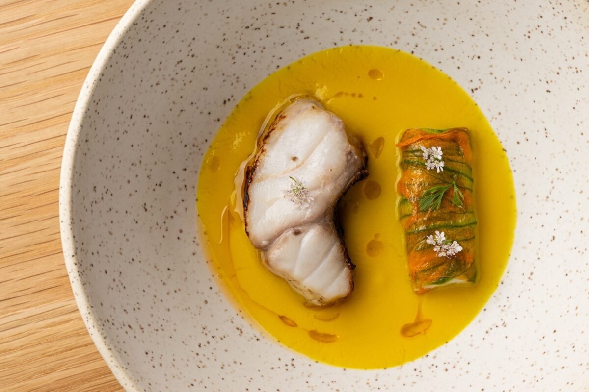 Grilled-Vermillion-and-Steamed-Kauai-Prawn-w-Yellow-Squash-Habanero-Saffron-Flowering-Cilantro