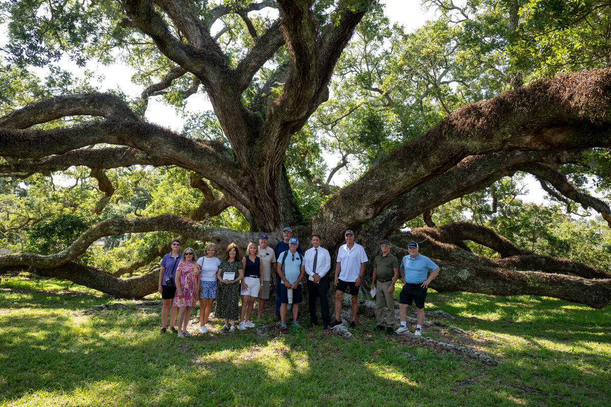 Visitors pose for a photo Tuesday in front of the E.O. Hunt Live Oak at the South Mississippi Regional Center in Long Beach.