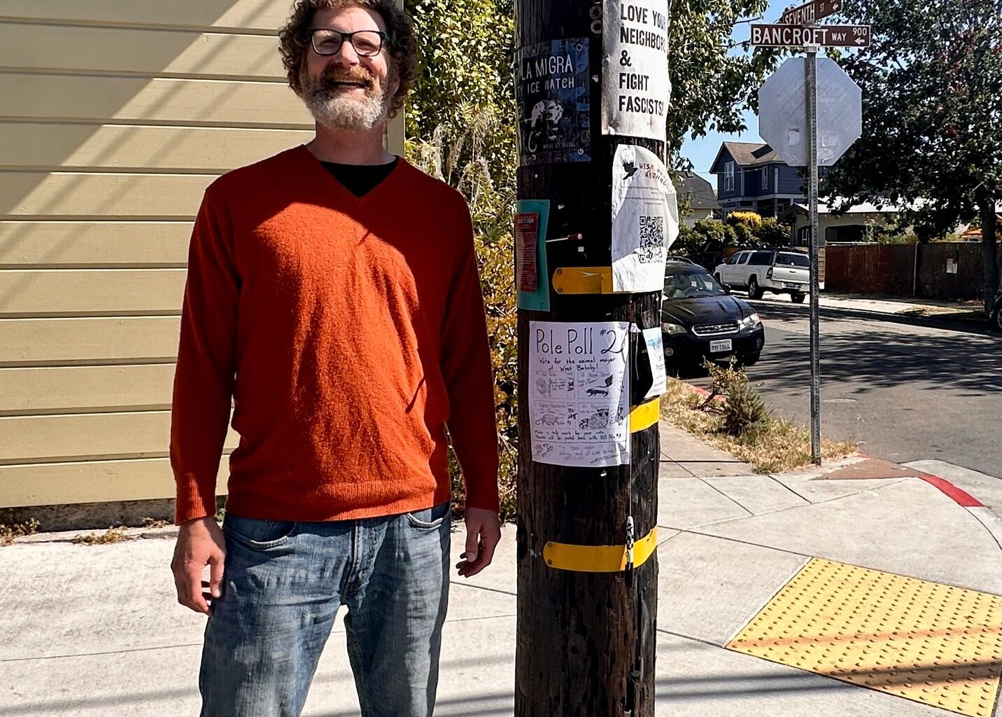Hand-drawn polls on utility poles ask locals about West Berkeley
