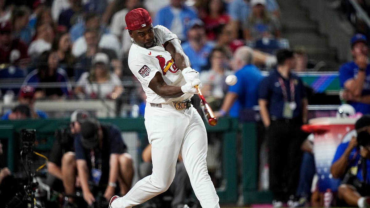 Jordan Walker swings during the Home Run Derby in Philadelphia.