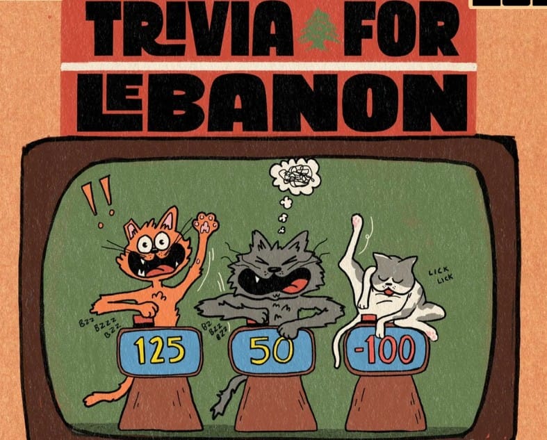 Cartoon image of three cats at a game show beneath the words "Trivia For Lebanon."