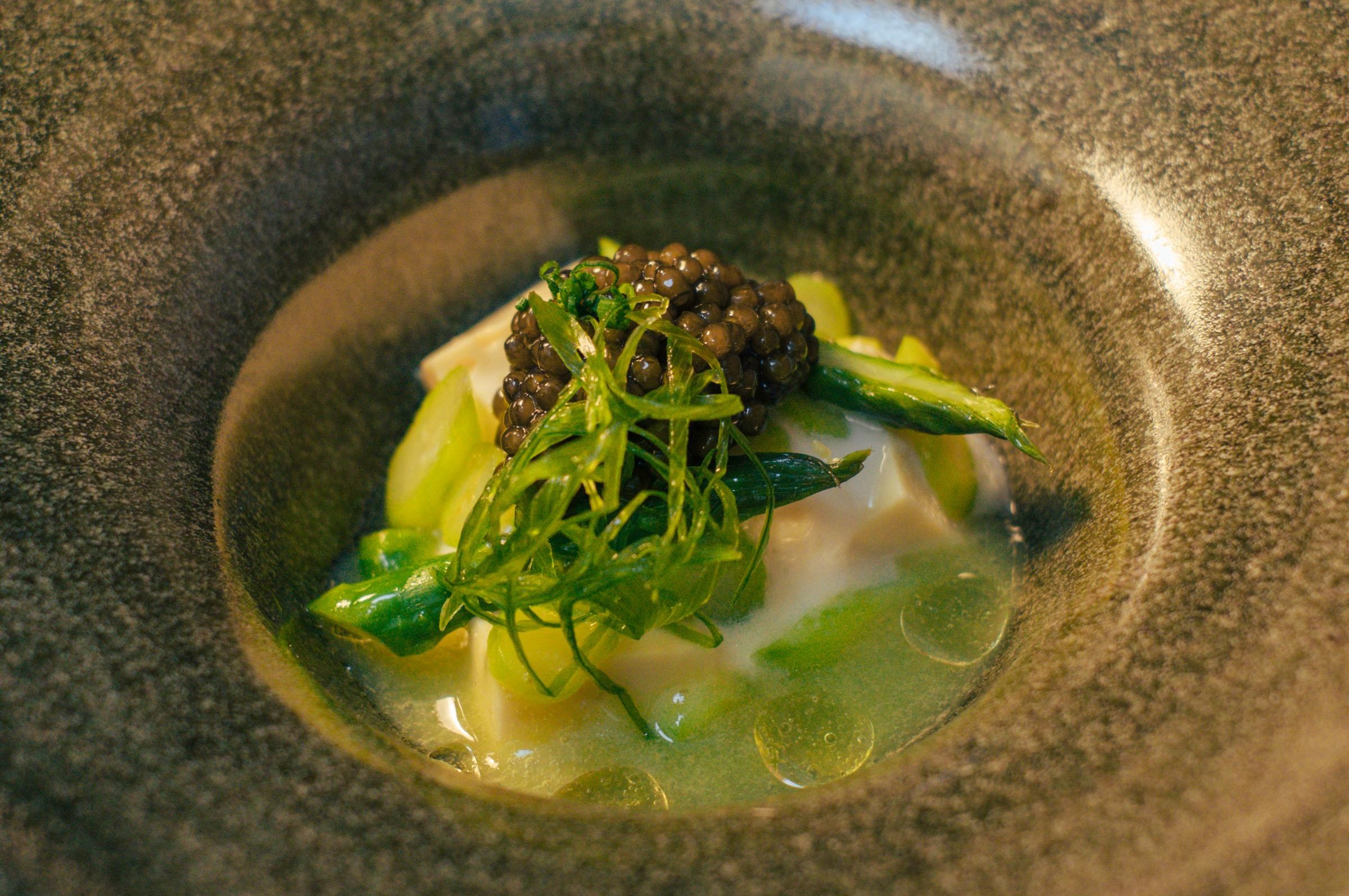 An asparagus dish from the pop-up Kedar, from chef Kedar Shenoy, in San Francisco.
