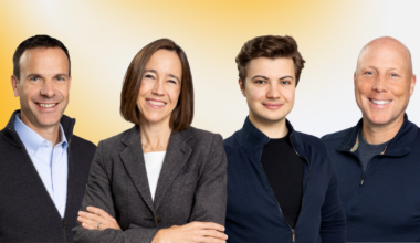 Photo collage with headshots of Knit Health founders Jonathan Kolstad, Dr. Maya Petersen, Jonas Knecht, and Ted Robertson