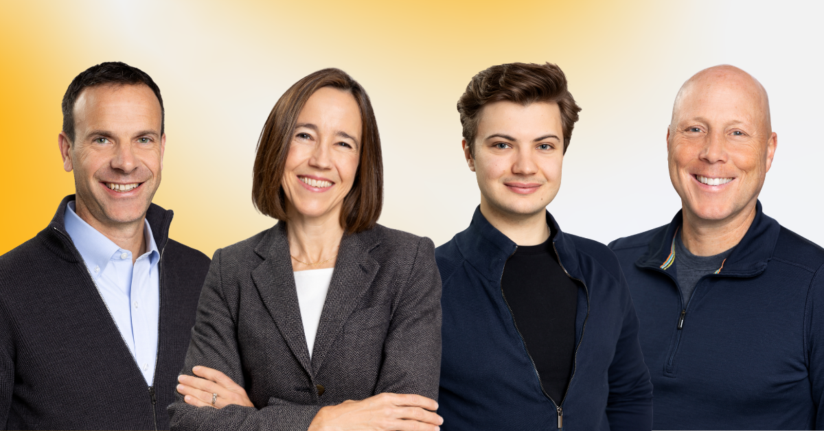 Photo collage with headshots of Knit Health founders Jonathan Kolstad, Dr. Maya Petersen, Jonas Knecht, and Ted Robertson