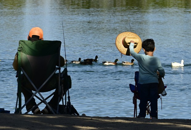 Fishermen wait for a bite at the lake in Apollo Park on Nov. 8, 2025 in Lancaster CA. (Photo by John McCoy, Contributing Photographer)