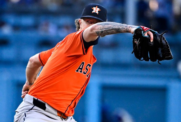 Josh Hader #71 of the Houston Astros throws to the plate against the Los Angeles Dodgers in the ninth inning during a baseball game at Dodger Stadium in Los Angeles on Saturday, July 5, 2025. (Photo by Keith Birmingham, Pasadena Star-News/ SCNG)