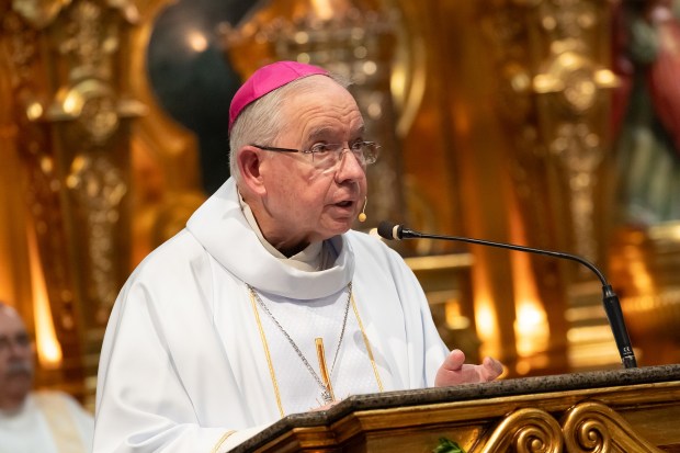 FILE: Archbishop José H. Gomez speaks during a Mass at Sacred Heart Church in Altadena, part of a ceremony honoring families affected by wildfires and perpetual pilgrims, followed by a Eucharistic procession through Altadena on Friday, June 20, 2025. (Photo by Mark Savage, Contributing Photographer)