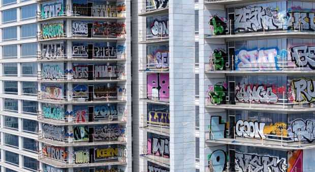 A U.S. Bankruptcy Court judge has cleared the path for sale of the abandoned graffiti-covered development in downtown L-A -- popularly known as the Graffiti Towers. The ruling happened because of the withdrawal of objections by both the city of Los Angeles and Los Angeles County during a hearing on Monday.  The site across from the Los Angeles Convention Center is seen on Tuesday, July 21, 2026.  (Photo by Dean Musgrove, Los Angeles Daily News/SCNG)