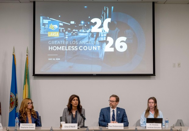 Los Angeles Homeless Services Authority Interim CEO Gita O'Neill, second from left, speaks about the results of the 2026 Greater Los Angeles Homeless Count in Los Angeles on Friday, July 24, 2026. (Photo by Hans Gutknecht, Los Angeles Daily News/SCNG)