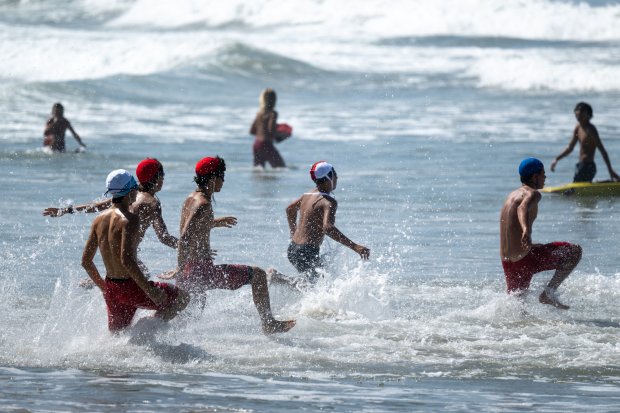 Junior lifeguards head out in the ocean swim competition at the 46th Annual California Surf Lifesaving Championships at Will Rogers State Beach on Friday, July 24, 2026. 800 junior lifeguards ages 9-17 from California competed in ocean lifesaving events. (Photo by David Crane, Los Angeles Daily News/SCNG)